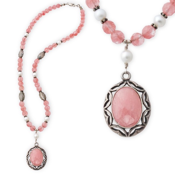Strawberry Quartz & Genuine Pearl Sterling Silver Beaded Pendant Necklace - Picture 1 of 7